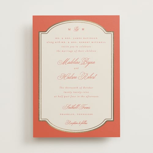 This is a sunset foil stamped wedding invitations with foil pressed by Emily Betts called arch frame printing on signature in standard