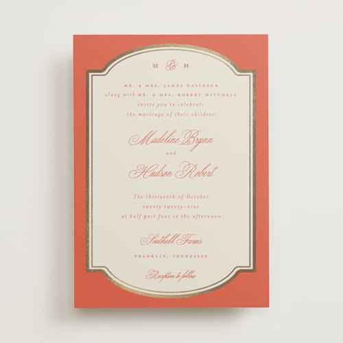 This is a sunset foil stamped wedding invitations with foil pressed by Emily Betts called arch frame printing on signature in standard