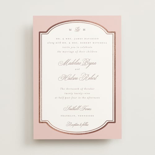 This is a quartz pink foil stamped wedding invitations with foil pressed by Emily Betts called arch frame printing on signature in standard
