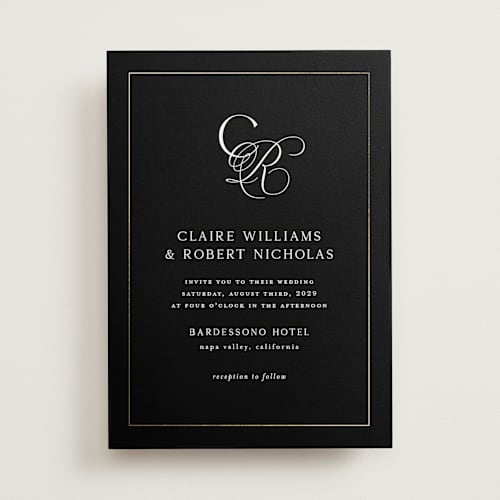 This is a midnight foil stamped wedding invitations with foil pressed by Kelly Schmidt called monogram script printing on signature in standard