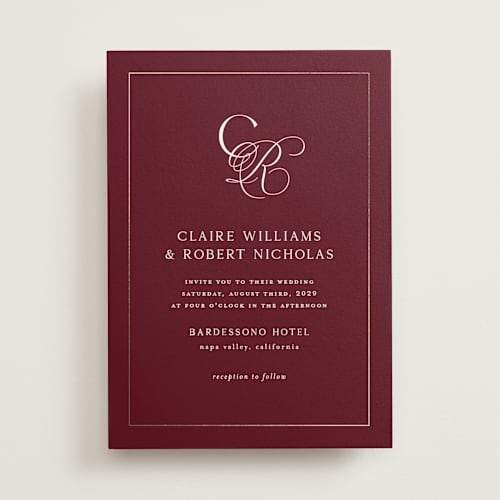 This is a vineyard foil stamped wedding invitations with foil pressed by Kelly Schmidt called monogram script printing on signature in standard