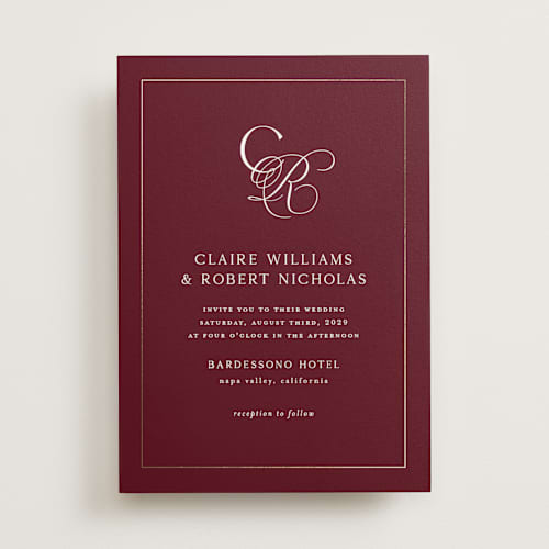 This is a vineyard foil stamped wedding invitations with foil pressed by Kelly Schmidt called monogram script printing on signature in standard