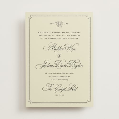 This is a cream foil stamped wedding invitations with foil pressed by Jennifer Lew called honeybee printing on signature in standard