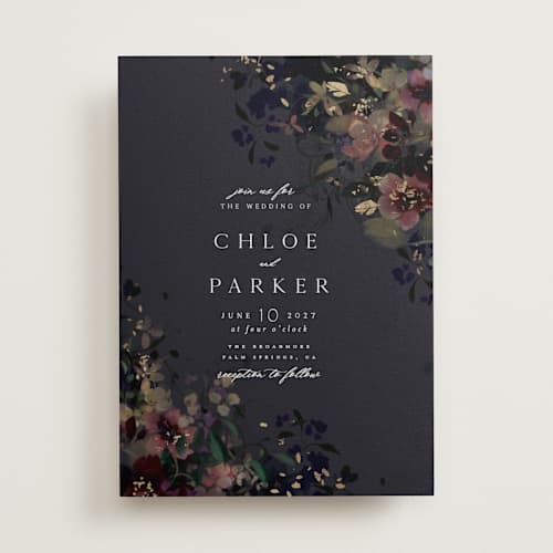 This is a midnight foil stamped wedding invitations with foil pressed by Grace Kreinbrink called vintage rose garden printing on signature in standard