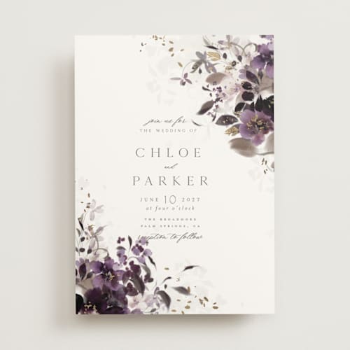 This is a plum foil stamped wedding invitations with foil pressed by Grace Kreinbrink called vintage rose garden printing on signature in standard