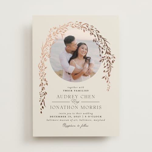 This is a almond foil stamped wedding invitations with foil pressed by Erin L. Wilson called trailing vines printing on signature in standard