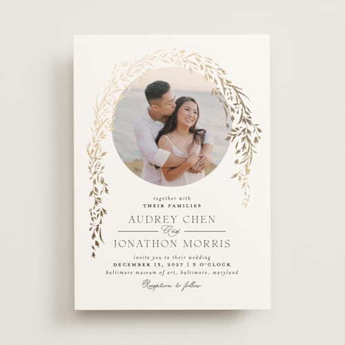 This is a tuxedo foil stamped wedding invitations with foil pressed by Erin L. Wilson called trailing vines printing on signature in standard