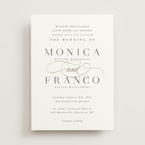 This is a cloud foil stamped wedding invitations with foil pressed by Hooray Creative called and centered printing on signature in standard