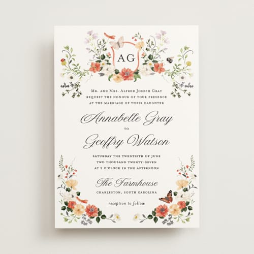 This is a verona sunset foil stamped wedding invitations with foil pressed by Sarah Knight called fleur printing on signature in standard