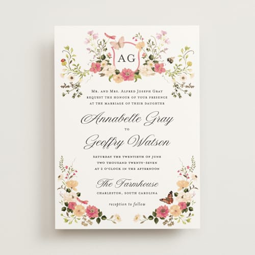 This is a romantic foil stamped wedding invitations with foil pressed by Sarah Knight called fleur printing on signature in standard