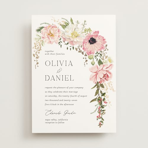 This is a peony foil stamped wedding invitations with foil pressed by Susan Moyal called timeless blooms printing on signature in standard