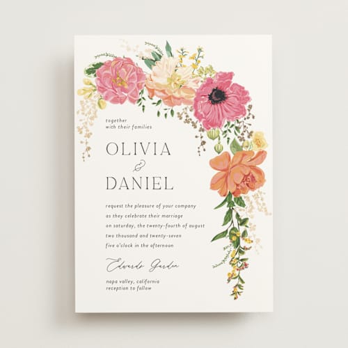 This is a tropical foil stamped wedding invitations with foil pressed by Susan Moyal called timeless blooms printing on signature in standard