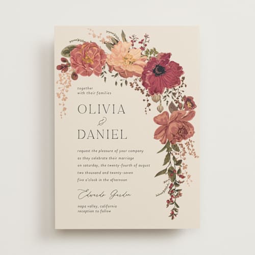 This is a mahogany foil stamped wedding invitations with foil pressed by Susan Moyal called timeless blooms printing on signature in standard