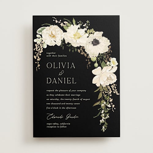 This is a tuxedo foil stamped wedding invitations with foil pressed by Susan Moyal called timeless blooms printing on signature in standard