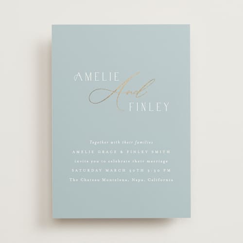 This is a dusty blue foil stamped wedding invitations with foil pressed by Angela Thompson called delicacy printing on signature in standard