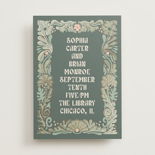 This is a sage foil stamped wedding invitations with foil pressed by GeekInk Design called nouveau frame printing on signature in standard