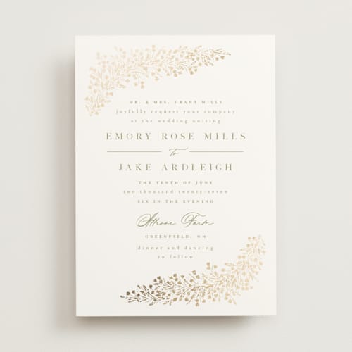 This is a leaf foil stamped wedding invitations with foil pressed by Kristie Kern called villa printing on signature in standard