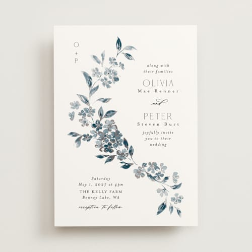 This is a prussian blue foil stamped wedding invitations with foil pressed by Itsy Belle Studio called sweeping vine printing on signature in standard