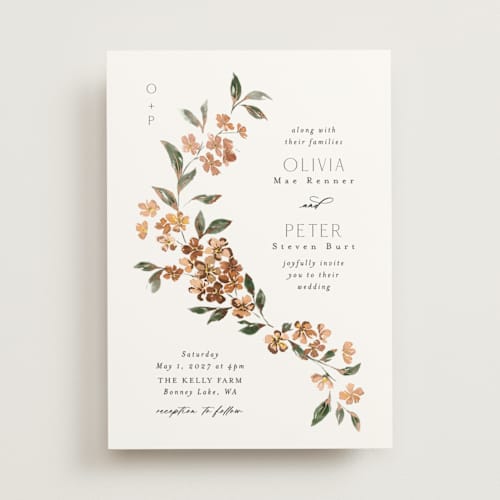 This is a terracotta foil stamped wedding invitations with foil pressed by Itsy Belle Studio called sweeping vine printing on signature in standard
