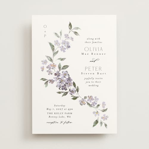 This is a periwinkle foil stamped wedding invitations with foil pressed by Itsy Belle Studio called sweeping vine printing on signature in standard
