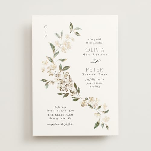 This is a porcelain foil stamped wedding invitations with foil pressed by Itsy Belle Studio called sweeping vine printing on signature in standard