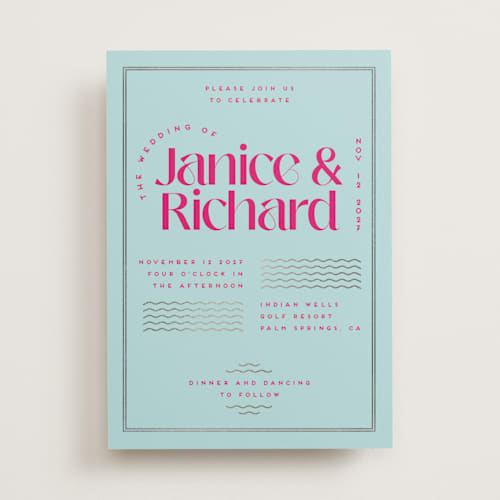 This is a dragon fruit foil stamped wedding invitations with foil pressed by Claudia Orengo called news! printing on signature in standard