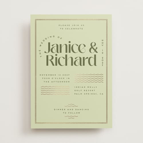 This is a kiwi foil stamped wedding invitations with foil pressed by Claudia Orengo called news! printing on signature in standard