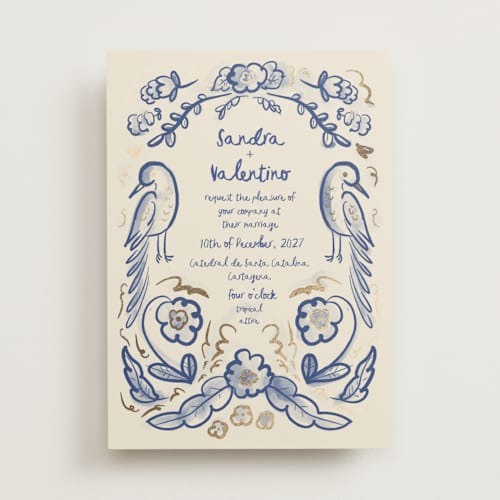 This is a marseille bleu foil stamped wedding invitations with foil pressed by Ani Somi called santa catalina printing on signature in standard