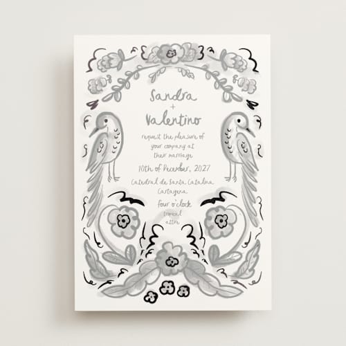 This is a graphite foil stamped wedding invitations with foil pressed by Ani Somi called santa catalina printing on signature in standard