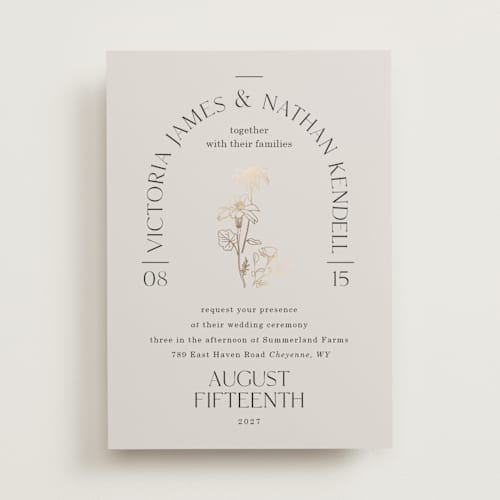 This is a linen foil stamped wedding invitations with foil pressed by Baumbirdy called floral type arch printing on signature in standard