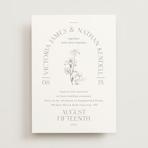 This is a charcoal foil stamped wedding invitations with foil pressed by Baumbirdy called floral type arch printing on signature in standard