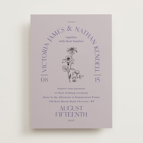 This is a wisteria foil stamped wedding invitations with foil pressed by Baumbirdy called floral type arch printing on signature in standard