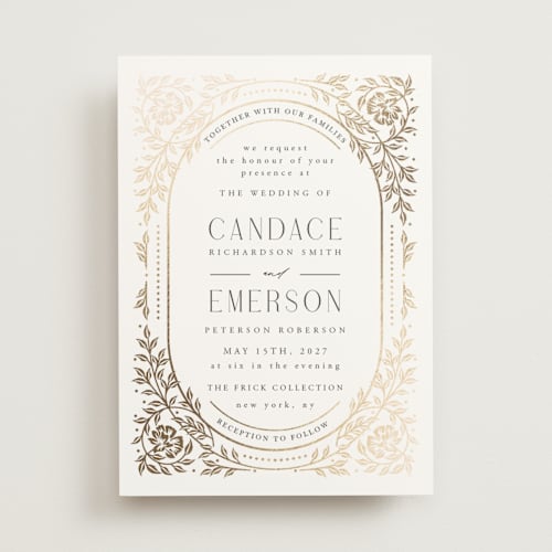 This is a ivory foil stamped wedding invitations with foil pressed by Ana de Sousa called gilded nouveau frame printing on signature in standard