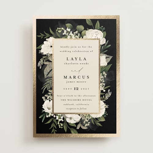 This is a tuxedo foil stamped wedding invitations with foil pressed by Susan Moyal called classic love printing on signature in standard