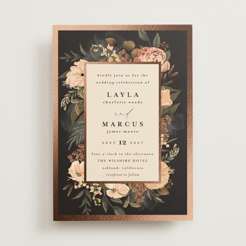 This is a burnt sienna foil stamped wedding invitations with foil pressed by Susan Moyal called classic love printing on signature in standard