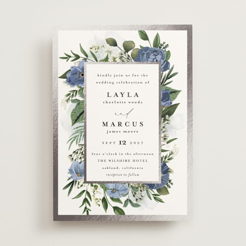 This is a sky foil stamped wedding invitations with foil pressed by Susan Moyal called classic love printing on signature in standard