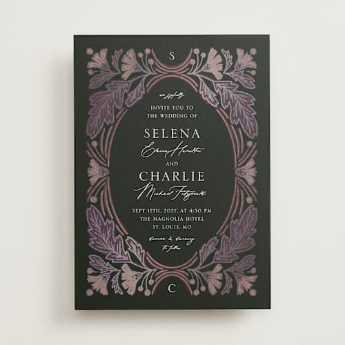 This is a orchid foil stamped wedding invitations with foil pressed by Jen Owens called embellished printing on signature in standard
