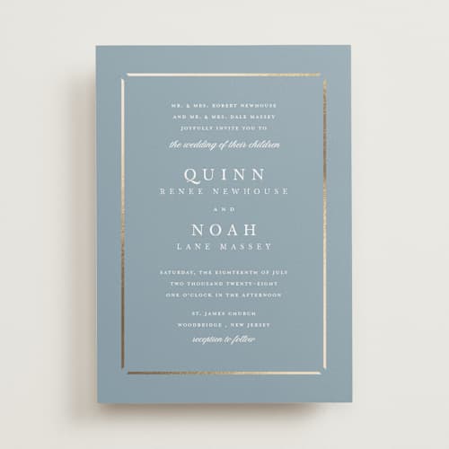 This is a dusty blue foil stamped wedding invitations with foil pressed by Stacey Meacham called elegant bevel printing on signature in standard