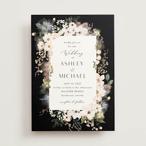 This is a tuxedo foil stamped wedding invitations with foil pressed by Susan Moyal called layered florals printing on signature in standard