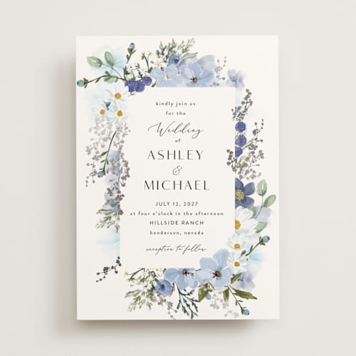 This is a serenity foil stamped wedding invitations with foil pressed by Susan Moyal called layered florals printing on signature in standard