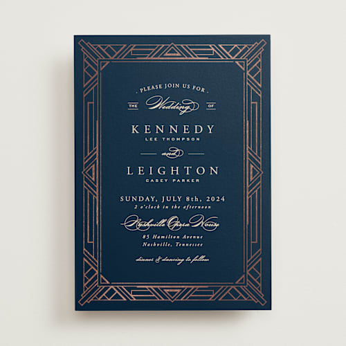 This is a dark navy foil stamped wedding invitations with foil pressed by Hooray Creative called opulent border printing on signature in standard