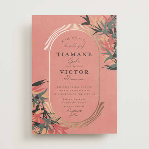 This is a coral foil stamped wedding invitations with foil pressed by Julie Hebert called birds of paradise printing on signature in standard