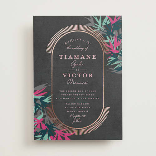This is a charcoal foil stamped wedding invitations with foil pressed by Julie Hebert called birds of paradise printing on signature in standard