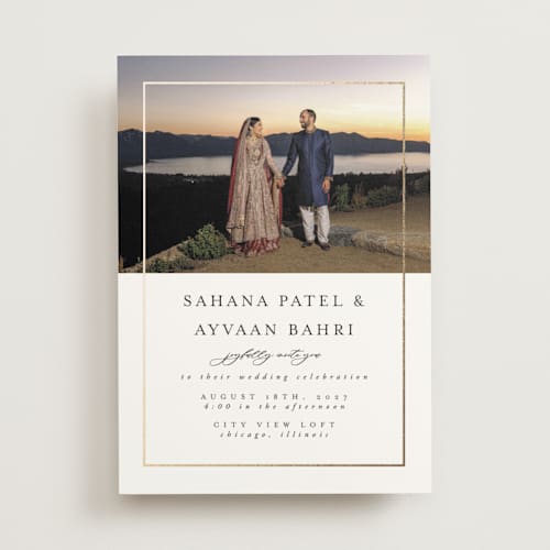This is a pearl foil stamped wedding invitations with foil pressed by Nicole Walsh called gilded frame printing on signature in standard