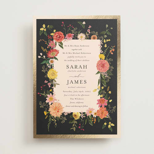 This is a mimosa foil stamped wedding invitations with foil pressed by Susan Moyal called enchanting printing on signature in standard