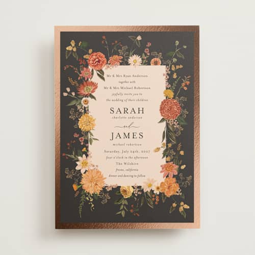 This is a copper foil stamped wedding invitations with foil pressed by Susan Moyal called enchanting printing on signature in standard