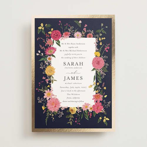 This is a magenta foil stamped wedding invitations with foil pressed by Susan Moyal called enchanting printing on signature in standard