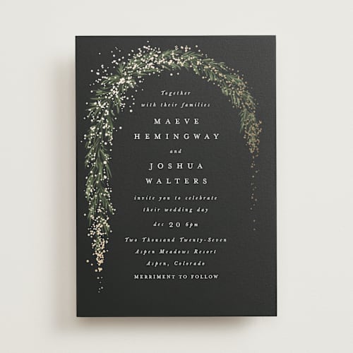 This is a tuxedo foil stamped wedding invitations with foil pressed by Leah Bisch called winter garland printing on signature in standard