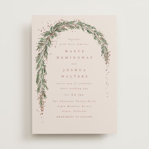 This is a latte foil stamped wedding invitations with foil pressed by Leah Bisch called winter garland printing on signature in standard