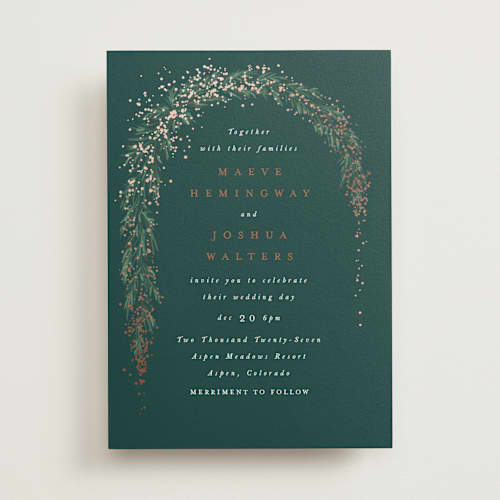 This is a pine foil stamped wedding invitations with foil pressed by Leah Bisch called winter garland printing on signature in standard